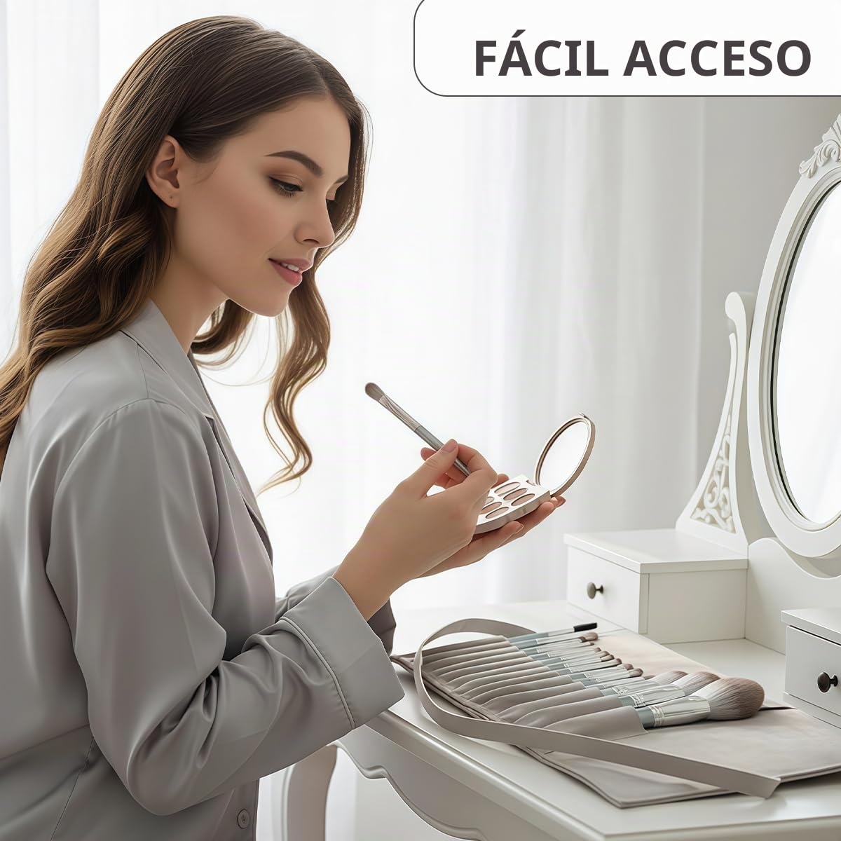 Estuche enrollable para brochas de maquillaje suave gris, organizador de brochas cosméticas mini, portátil, con 14 bolsillos, para viajes de negocios, bolsa de transporte