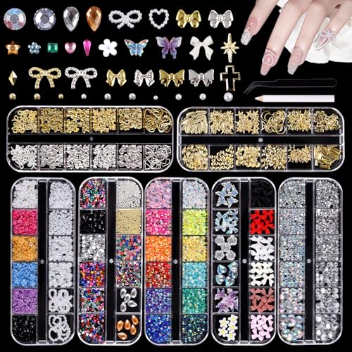 lafo 84 Motifs de Strass Ongles et Bijoux Ongles Nail Art en 7 Boîtes, Strass, Perles, Décorations 3D Or Argent, avec Pince et Stylet pour Décoration Ongles...