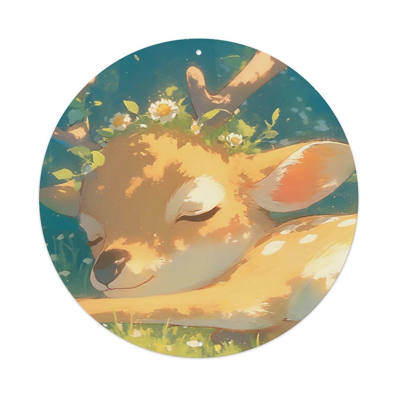 Animal Artwork Fawn Sleeping in The Grass Vintage Metal Tin Sign Plaque Wall Decor for Cafe, Club Bar, Office, Garden Metal Poster 8x8Inch