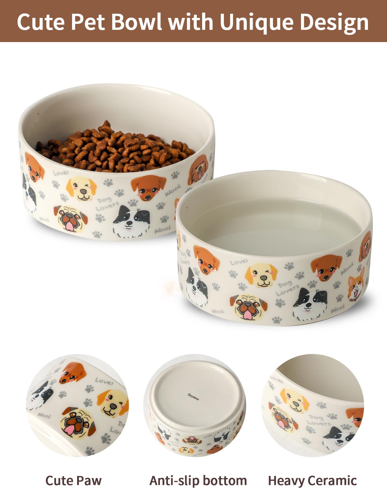 Keramik Hundenäpfe 2er Set, 15,5 cm Hundefutter Wassernapf mit niedlichem Muster, Haustier Hunde Geschirr für mittlere und kleine Hunde, Weiß