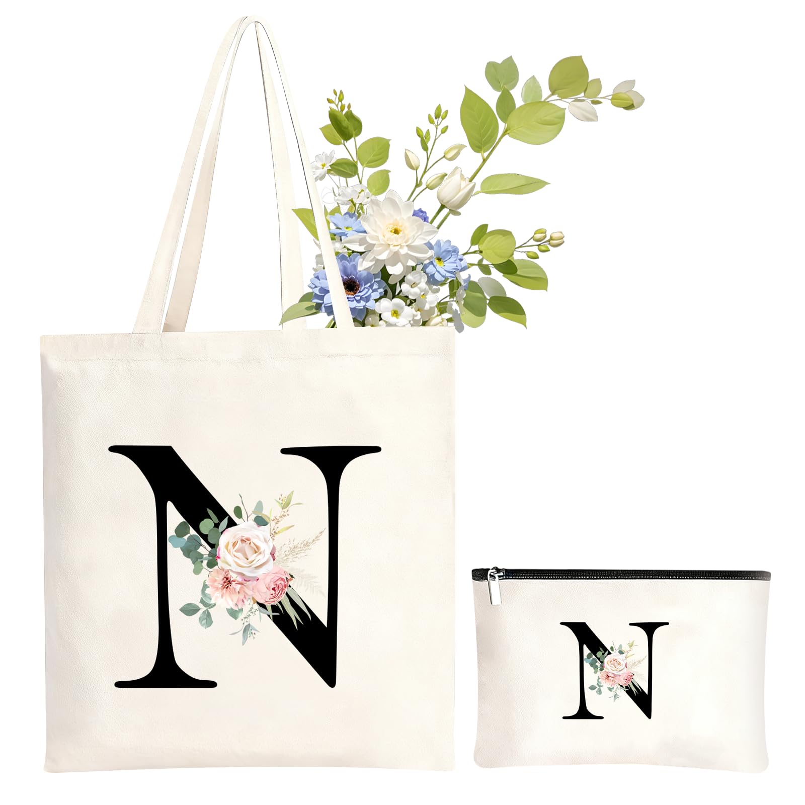 NHTJTHE Initialen Baumwolltasche personalisiert, Canvas Einkaufstasche mit Reißverschluss und dazu passende Kosmetiktasche,Besondere Geschenkidee für Frauen, Mama, Freundin zu Allen Festtagen