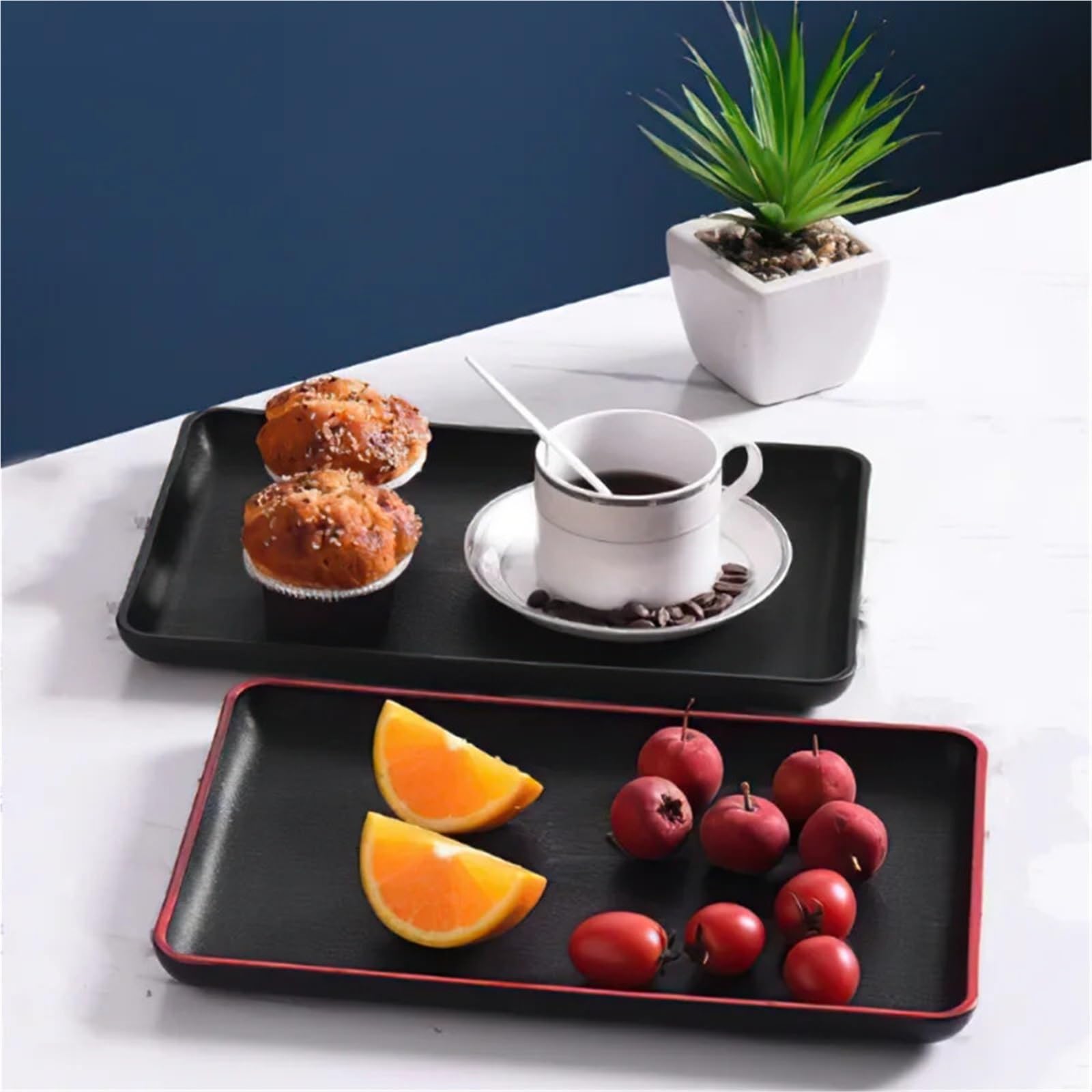 Bandeja Rectangular de plástico de 3 Piezas con veta de Madera Negra, Ideal para Guardar vajilla, Tazas, Pan y Desayuno (35 x 25 cm)