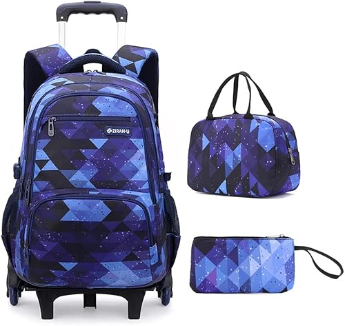 Mildame Mochila con ruedas con estampado geométrico para niños y niñas con bolsa de almuerzo para adolescentes con ruedas, juego de bolsa de carrito