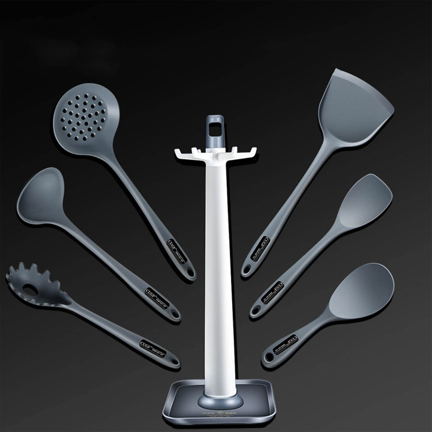Set di Utensili da Cucina in Morbido Silicone 7 Pezzi Antibatterico Anti-Aderente Resistente al Calore con Spatola Scrematrice Pasta Server Supporto Girevole