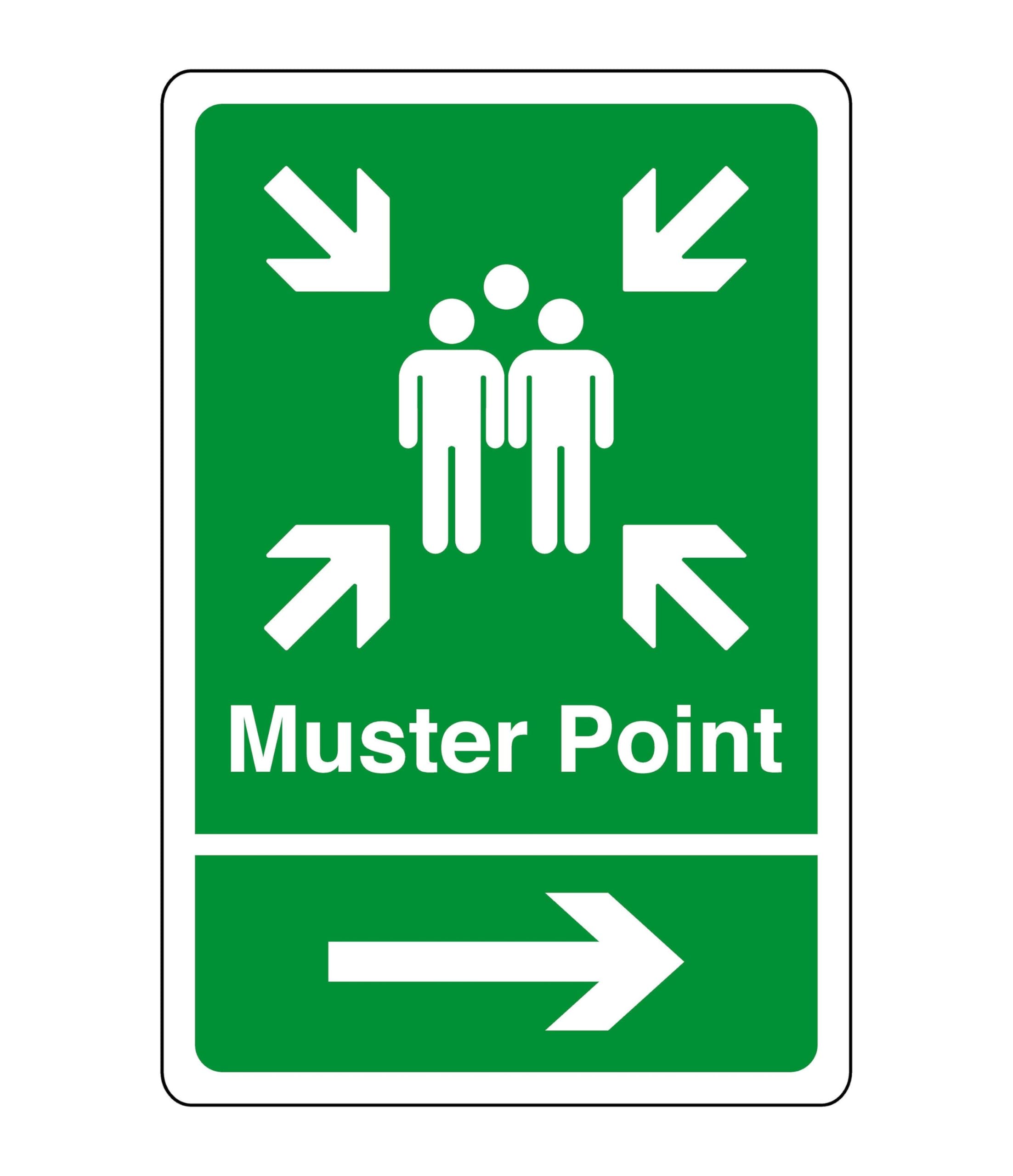 Muster point arrow right sign - safety sign - business signs, carpark safety signs - 1.2mm Rigid plastic for indoor/outdoor usage (400mm x 300mm) Viewing Distance within 14m.
