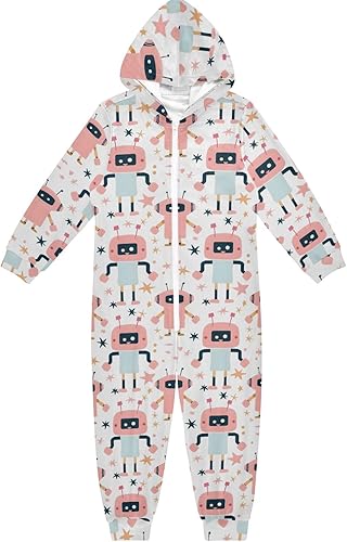 Unisex Kids Jumpsuits Pattern with Robot and Stars Pattern Warm Fuzzy Hooded Rompers for Boys and Girls