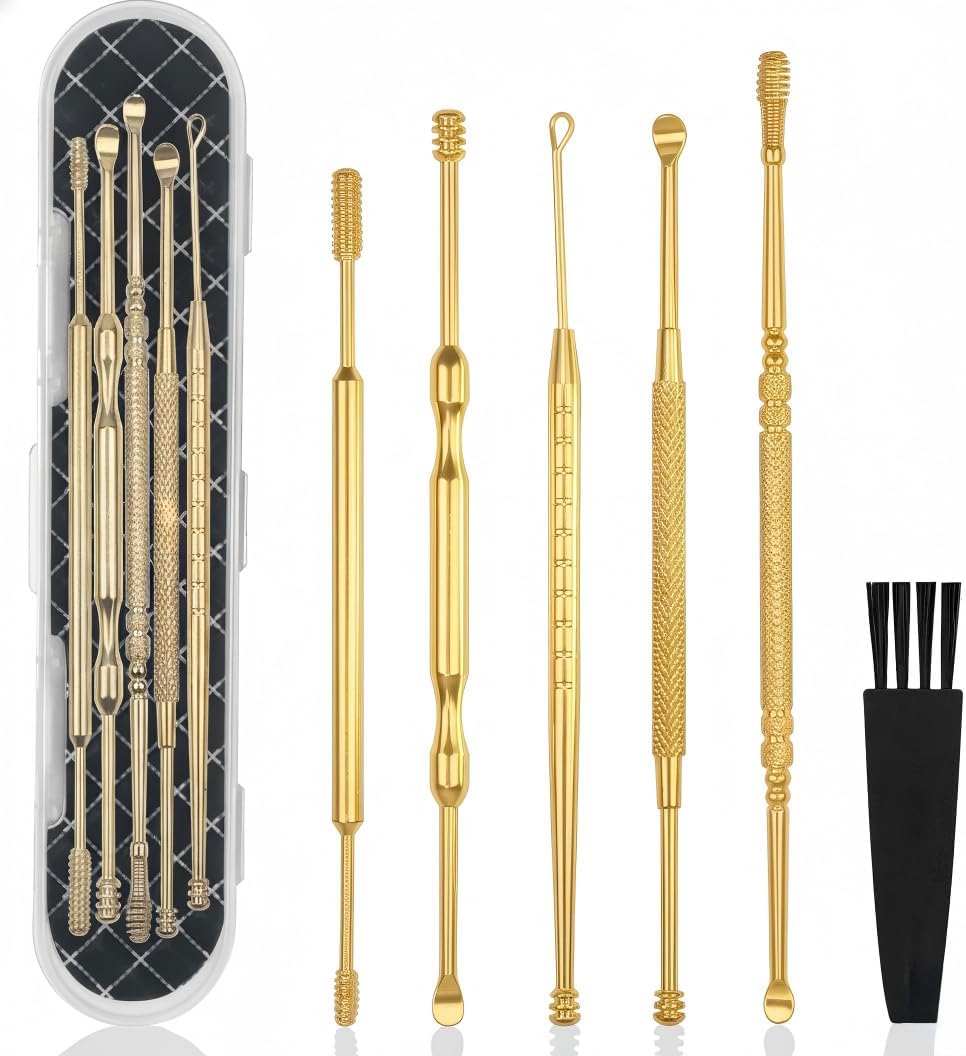 Hion 6 Pcs Extended Ear Wax Removal Kit,Professional Double-Headed Ear Pick Earwax Removal Tools,316L Stainless Steel Ear Cleaner Curette with Cleaning Brush and Storage Box,Suit for Kid Adult(Gold)