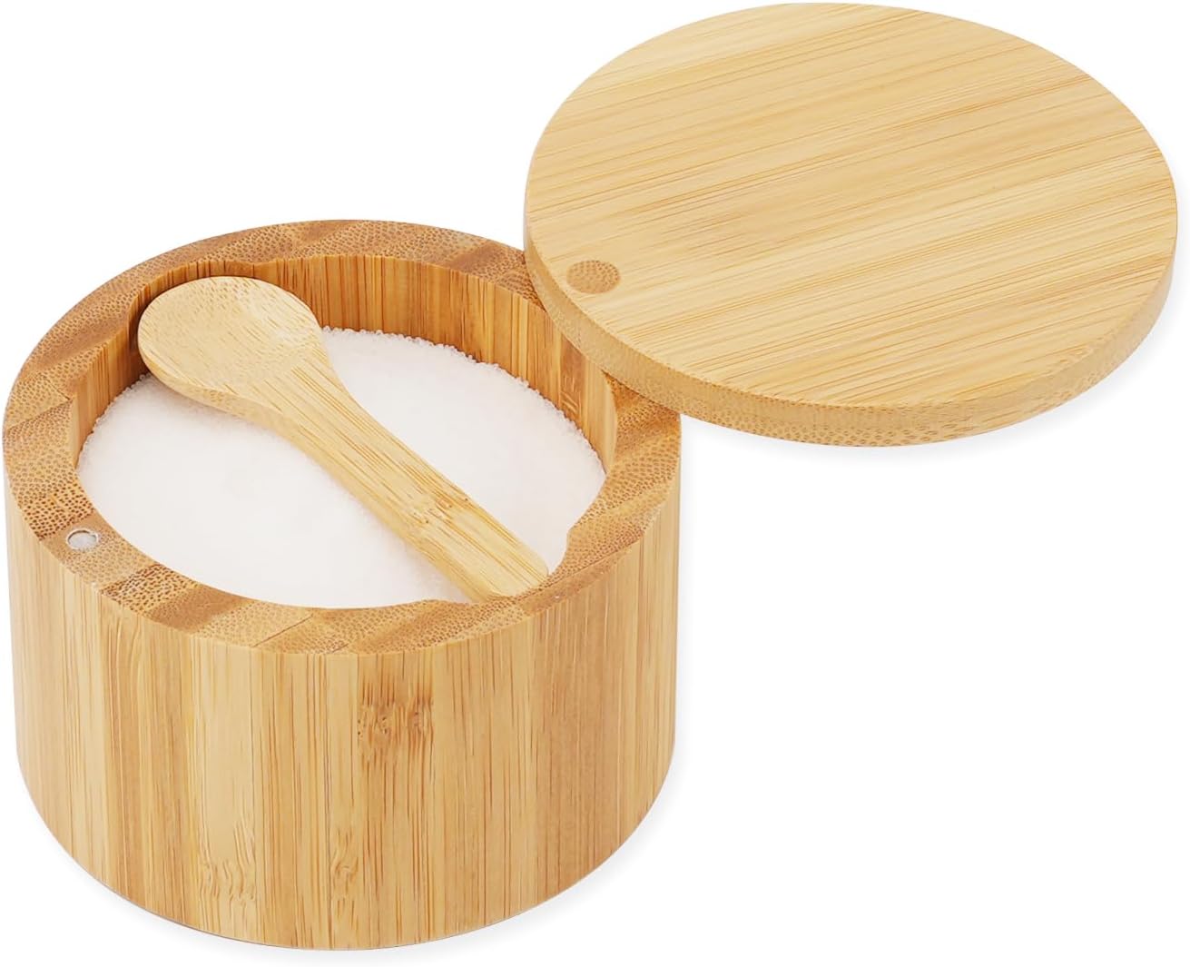 KITCHENDAO Bamboo Salt Cellar Bowl Box Container with Built-in Spoon to avoid Dust, Elegant Kitchen Salt Dish Holder Saver Jar with Swivel Magnetic Lid to Storage Pepper Spice Bath Salt Sea Salt, 6OZ