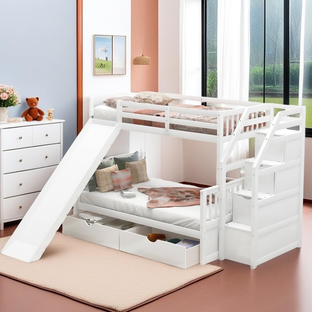 SOFTSEA Wood Twin Over Full Bunk Bed Frame with Storage Stairs Drawers and Slide Boys Girls Bed Frame for Kids Bedroom, No Box Spring Needed, White