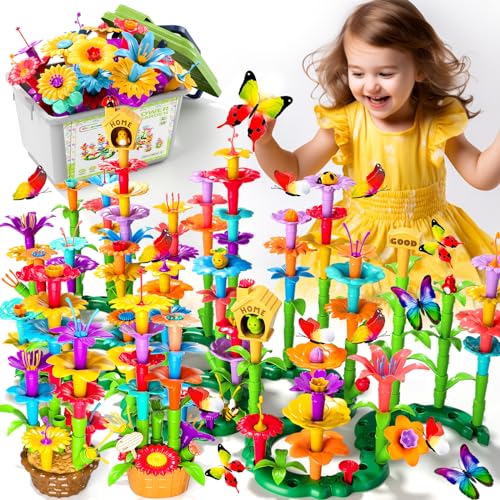Image of Doloowee 238Pcs Flower Garden Building Toys for Girls 3 4 5 6 7 Year Old, Upgrade DIY Building Stacking Toys, STEM Preschool Educational Toddler Toys Brain Development Kindergarten Kids Toy | 238pcs washable, BPA-free DIY ower garden toy with box. Ultimate deluxe STEM gift for multiple kids ages 3-8.