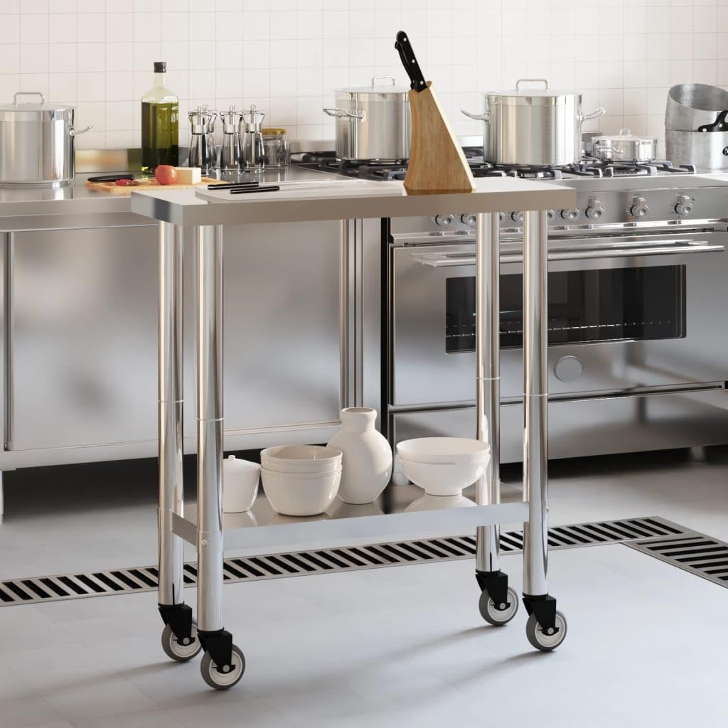 Mesa de trabajo de cocina de acero inoxidable con ruedas, 82,5 x 30 x 85 cm, mesa de restaurante o catering con estante para cocina, bar, bistró, buffet