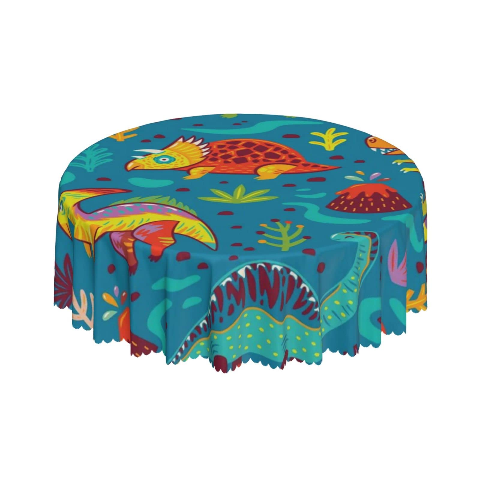 Lsjuee Cute Cartoon Dinosaurs Funny Blue Round Tablecloth 60 Inch Printed Washable Tablecloth for Dining Party Holiday Fall Home Decorative