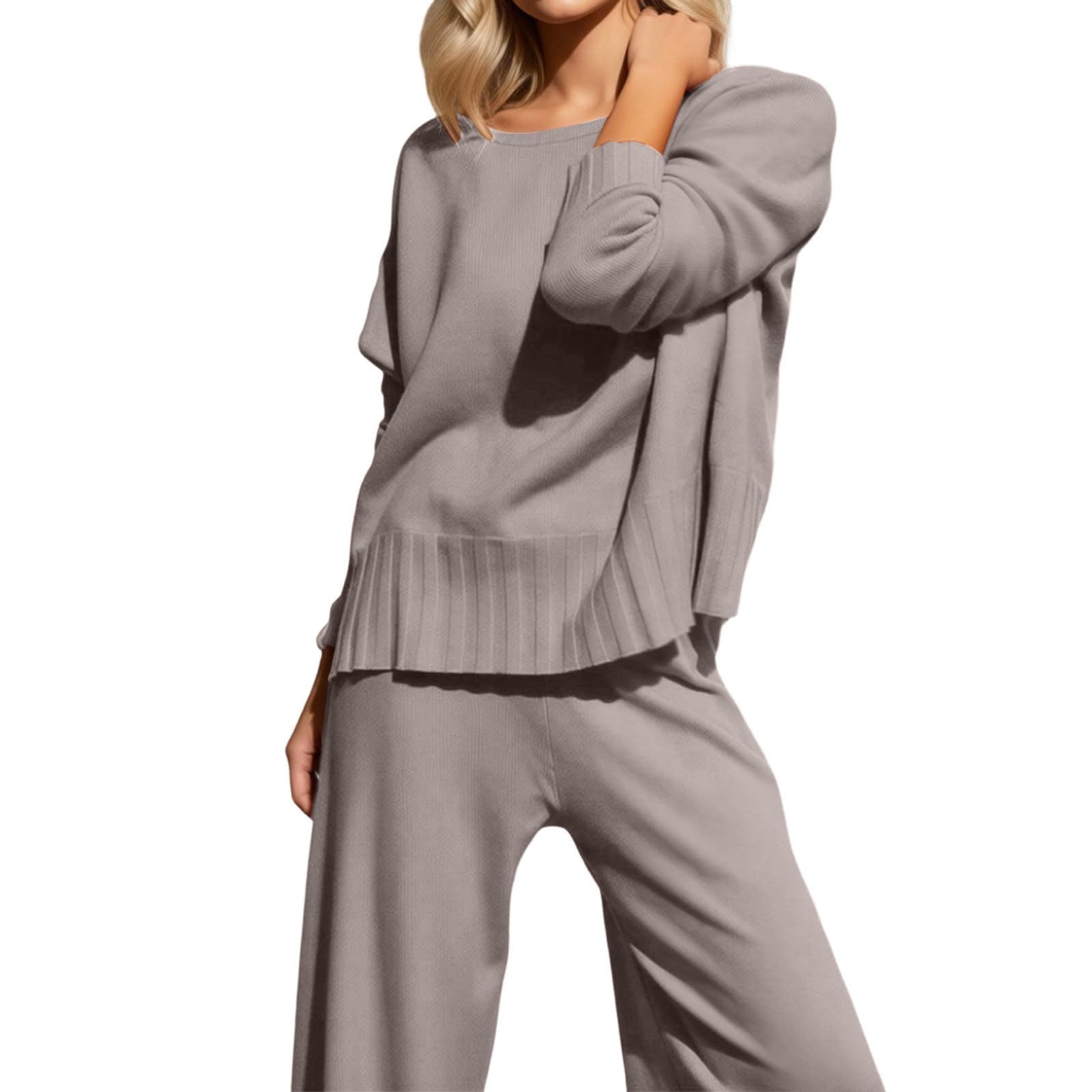 Ensemble de tricot 2 pièces pour femme - Pull en tricot décontracté et pantalon large - Élégant ensemble de loisirs - Coupe ample - Automne et hiver