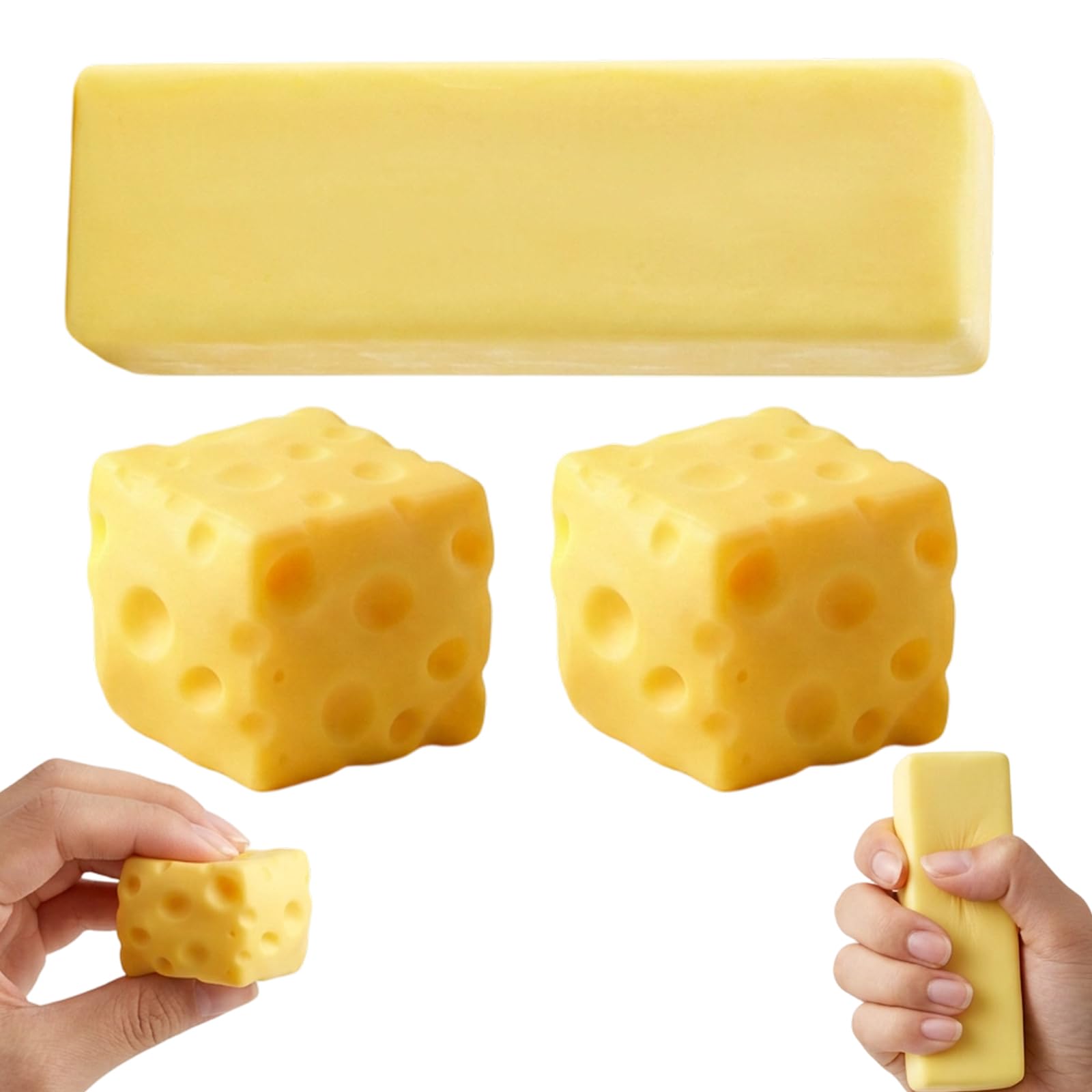 JaiZvt Butter and Cheese Fidget, Squishies, 3PCS Fidget Toys for Stress Relief, Portable Desk Decorations, Set of Sensory Toys Cheese Cube*2 and squishies Butter Stick*1