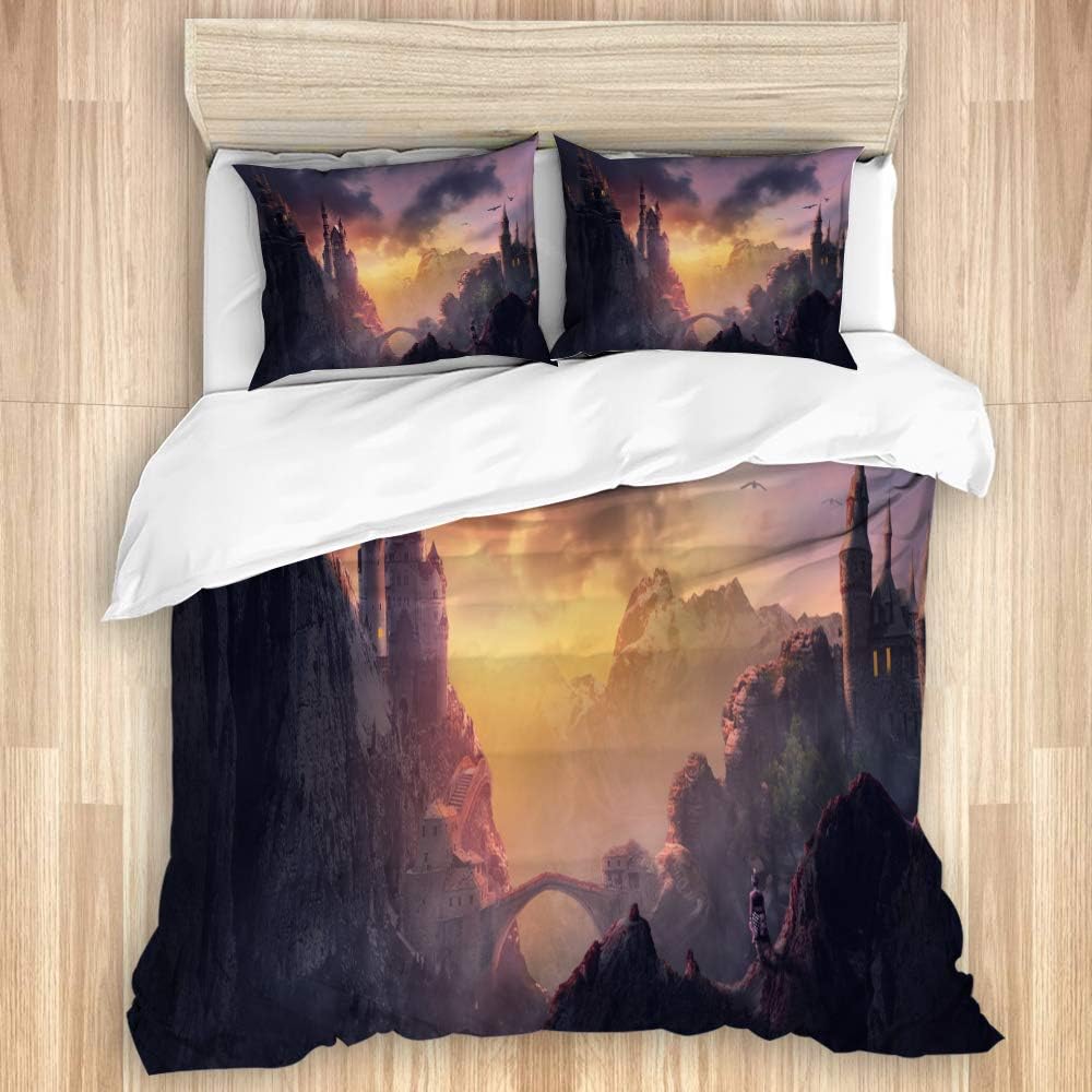 ronfnea Bedding Duvet Cover Set 3D Image Castle on Mountain with Sunset 1 Comforter Quilt Cover & 2 Pillow Shams Ultra Soft Microfiber Premium for Kid Boy Girl Women Men