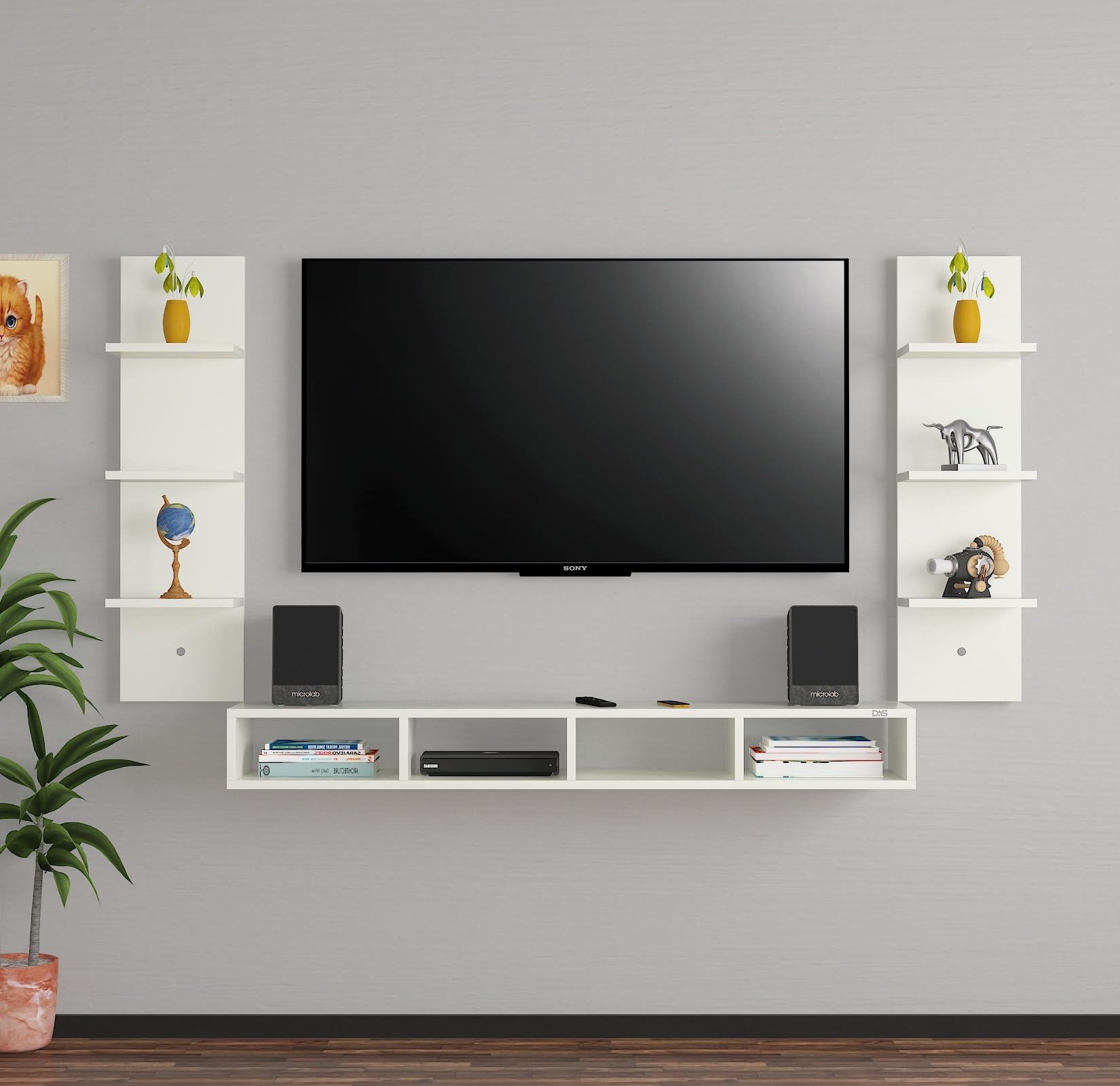 DAS Bolivar High Strength Engineered Wood Wall Mount TV Entertainment Unit/with Set Top Box Stand and 6 Wall Shelf Display Rack for Living Room Frosty White Large(Ideal for Up to 55") Screen