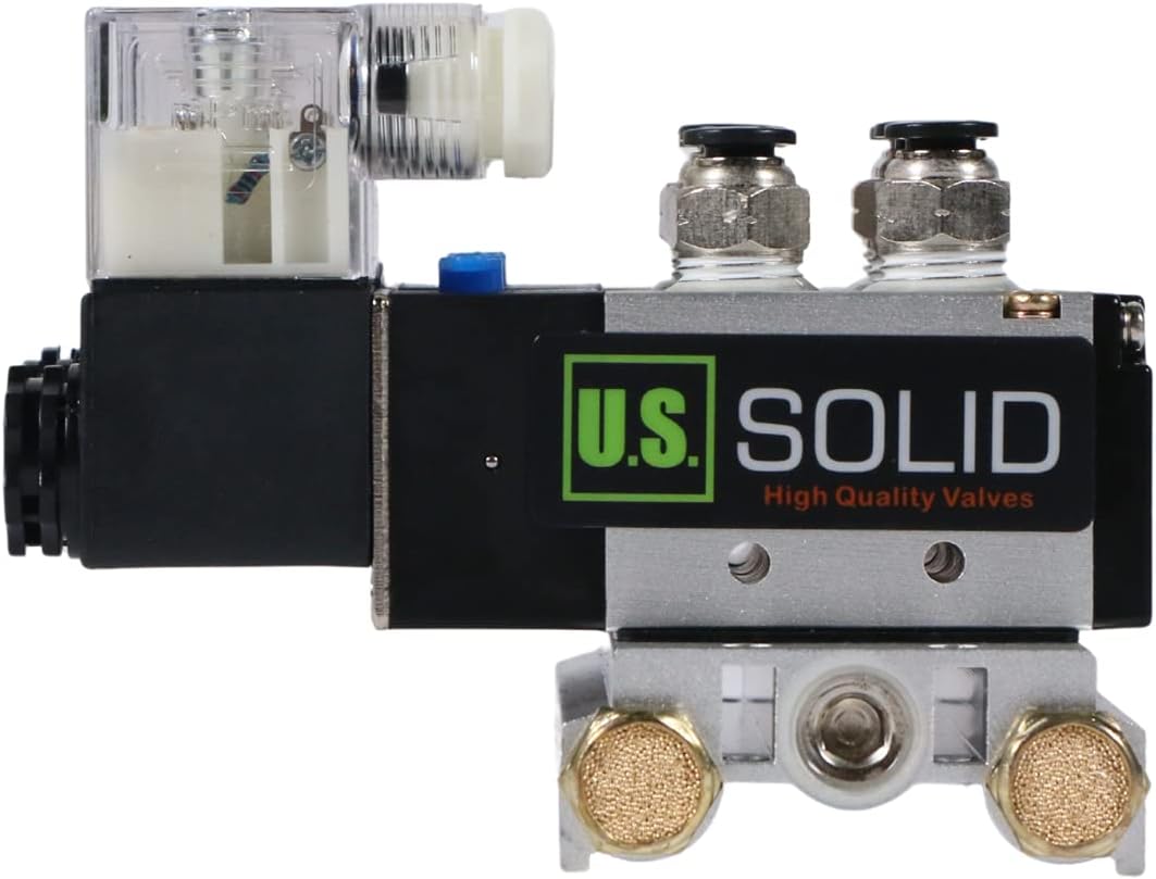 U.S. Solid 4V210-08 3 Pneumatic Solenoid Valves 1/4" 2 Position 5 Way Manifold Base, DC 12V