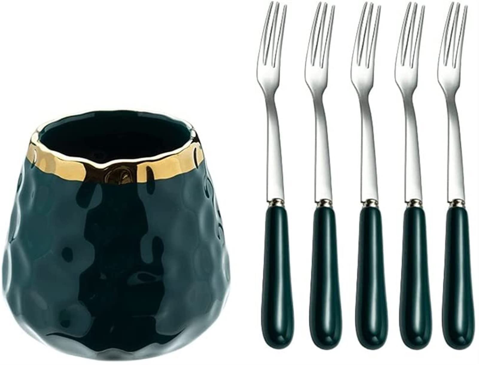 Löffel Restaurants Edelstahl-Obstgabel-Besteckset, mit Keramikspeicher-Dessert-Gabel-Besteck-Set, Luxus-Salat-Gabeln-Bestecksets Esslöffel Hause(Storage tank+5 silver forks)