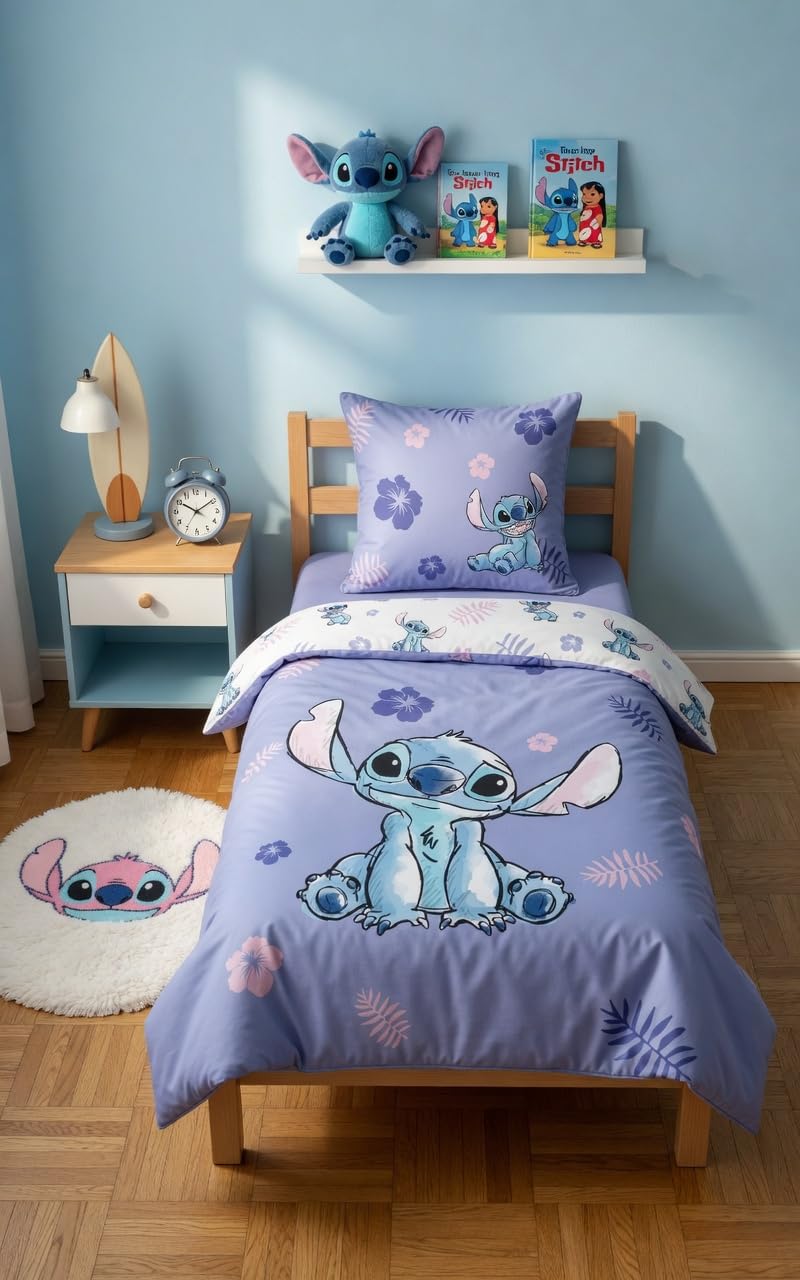 Stitch Lilo Blu Viola Copripiumino Singolo 140x200 + Federa 65x65 Cotone | Set lenzuola reversibile | Cotone naturale traspirante Oeko-Tex | Disney | Teen | Regalo | Lavabile in lavatrice