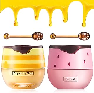 2PCS Bee Balm Honey & Strawberry Lip Balm, Exfoliating Honey Pot Lip Balm Sleeping Lip Mask with Brush, Hydrating & Prevention Dry and Cracked, Lip Scrubs Exfoliator & Moisturizer (Yellow+Pink)