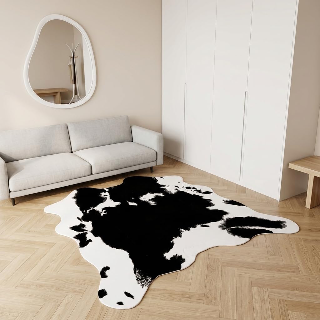 Cow Print Area Rug, Faux Cowhide Rug, Modern Farmhouse Western Living Room Bedroom Carpet Decor, Non-Slip 4'7" x 5'3"（140x160cm）