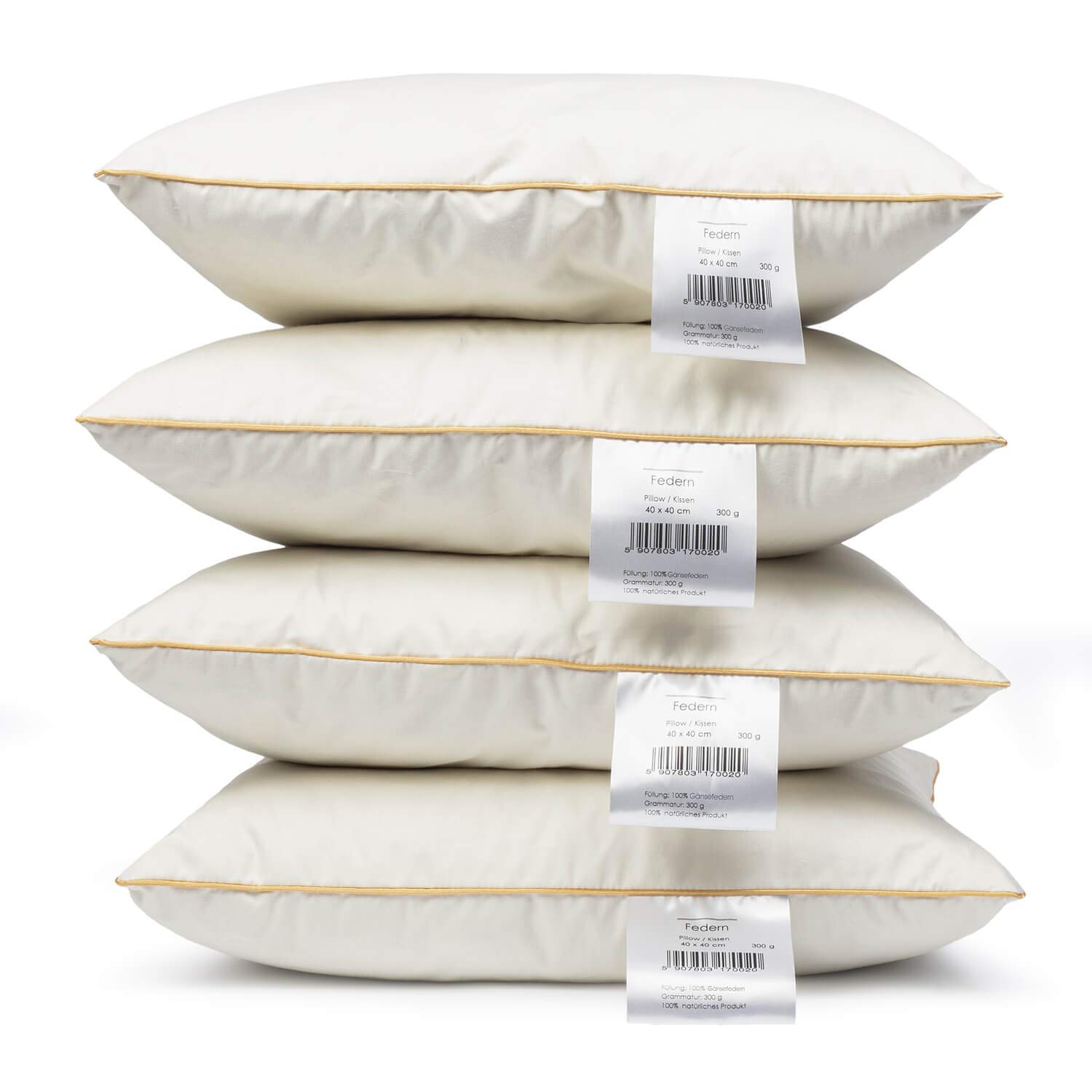 H&F Heimtextilien 4er Set Federkissen 40x40 cm | 300g Kissenfülung 100% Federn | Kissen mit OekoTex Zertifikat | Bezug 100% Baumwolle
