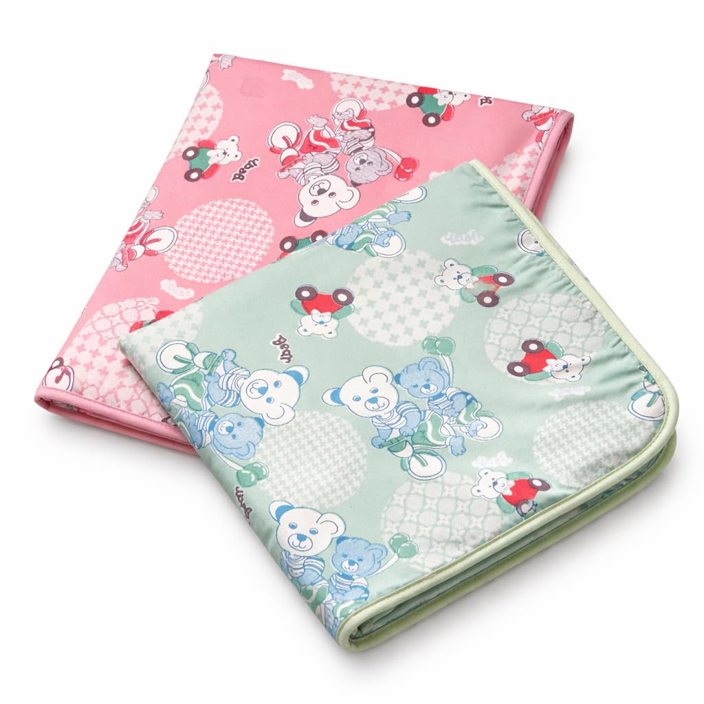 baby foam sheet pack of 2 | waterproof multipurpose mattress protector sheet for babies & kids | soft printed dry sheet for bed, crib & travel (green & pink)