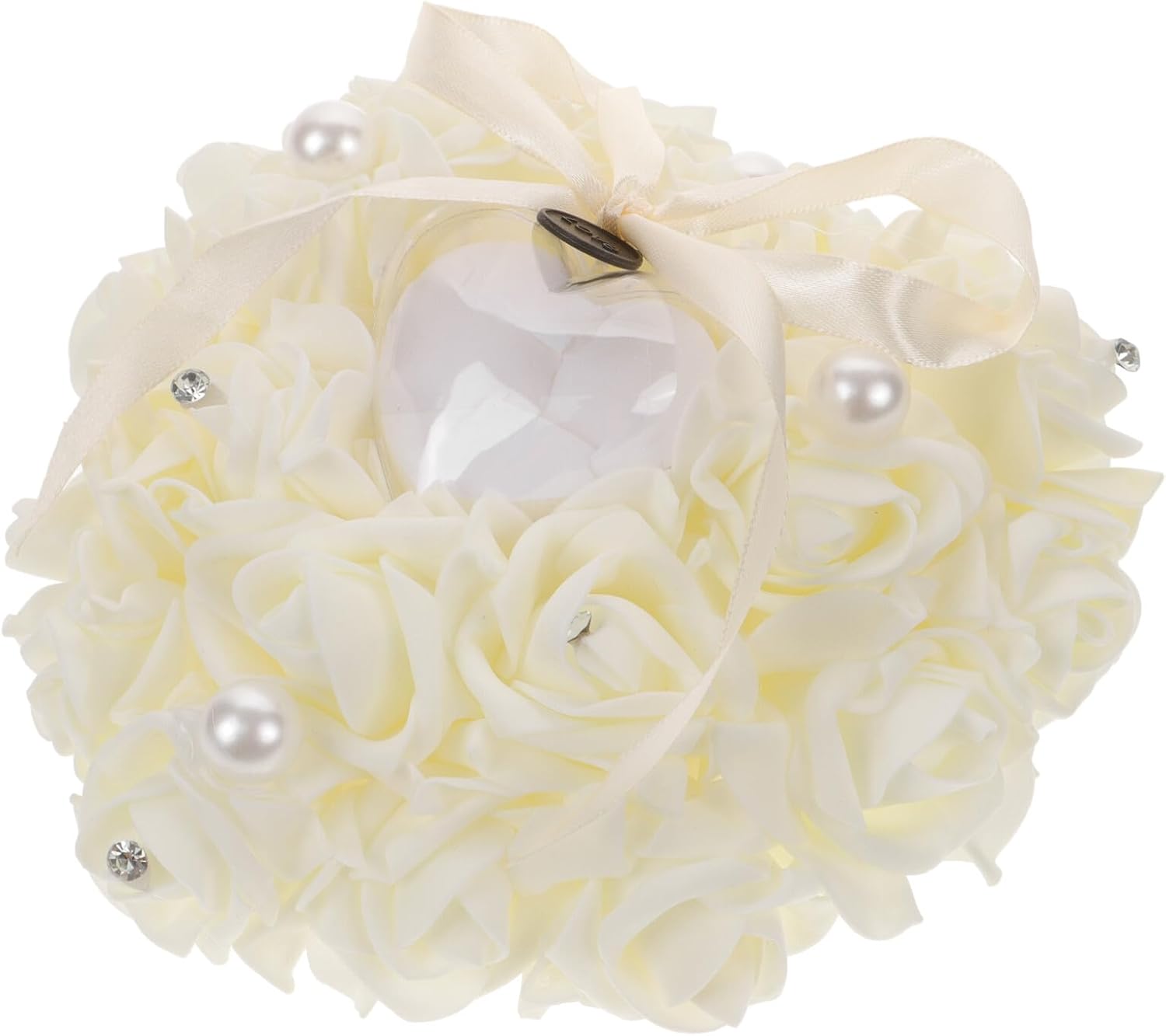 Cabilock Heart Shaped Wedding Ring Pillow with Pearl and Pe Foam Rose, Milk White Ring Bearer Cushion for Bridal Ceremony and Wedding Party Decoration