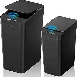 Bathroom Trash Can with Lid, 2 Pack 4 & 2.2 Gallon Automatic Touchless Garbage Can, Small Motion Sensor Smart Trash Can, Slim Waterproof Trash Bin for Bedroom, Bathroom, Office, Living Room (Black)