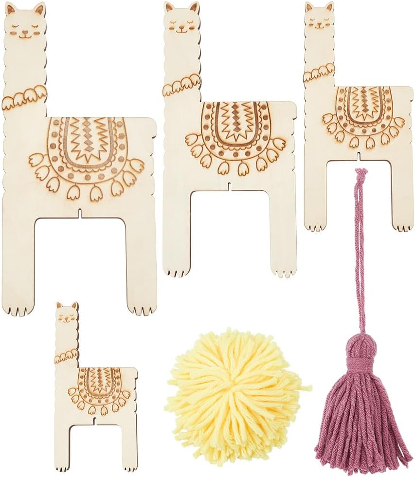 ORIGACH 4 Pcs 3 in 1 Wooden Llama Pom Poms and Tassel Maker -Knitting Tool -Loom Fluff Ball Making Knitting Craft Tool for Tassel Lace Knot Weaving Handicrafts