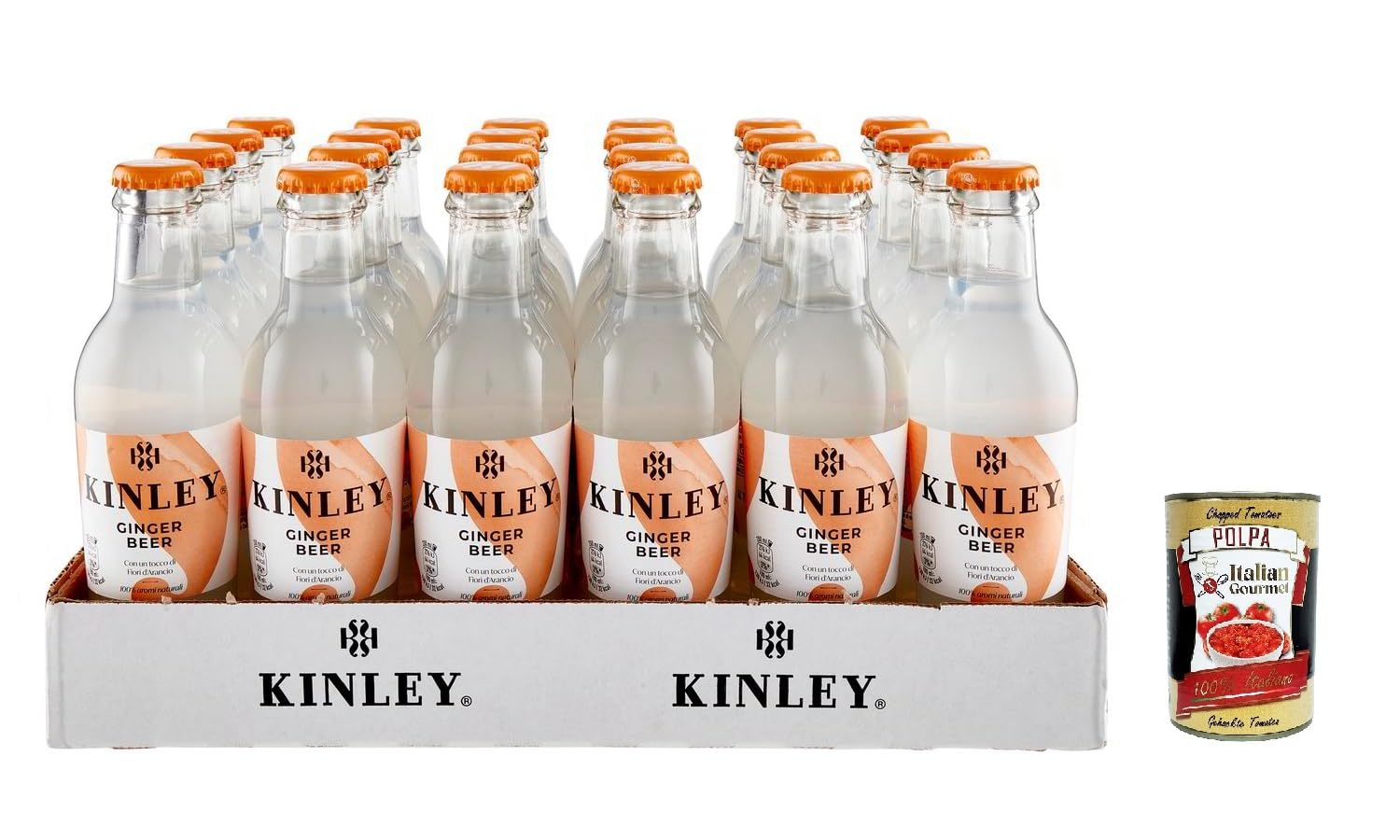 Kinley Ginger Beer, 24 botellas de cristal de 200 ml, cerveza de jengibre para mixología, bebida no alcohólica + Polpa italiana gourmet