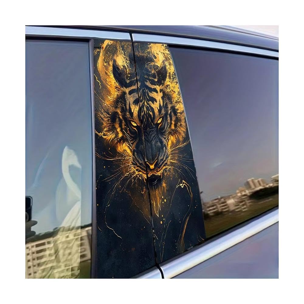 Auto Accessory 2pcs Car Door Post Decals Golden Flaming Tiger Protective Film Scratch-Resistant Stickers