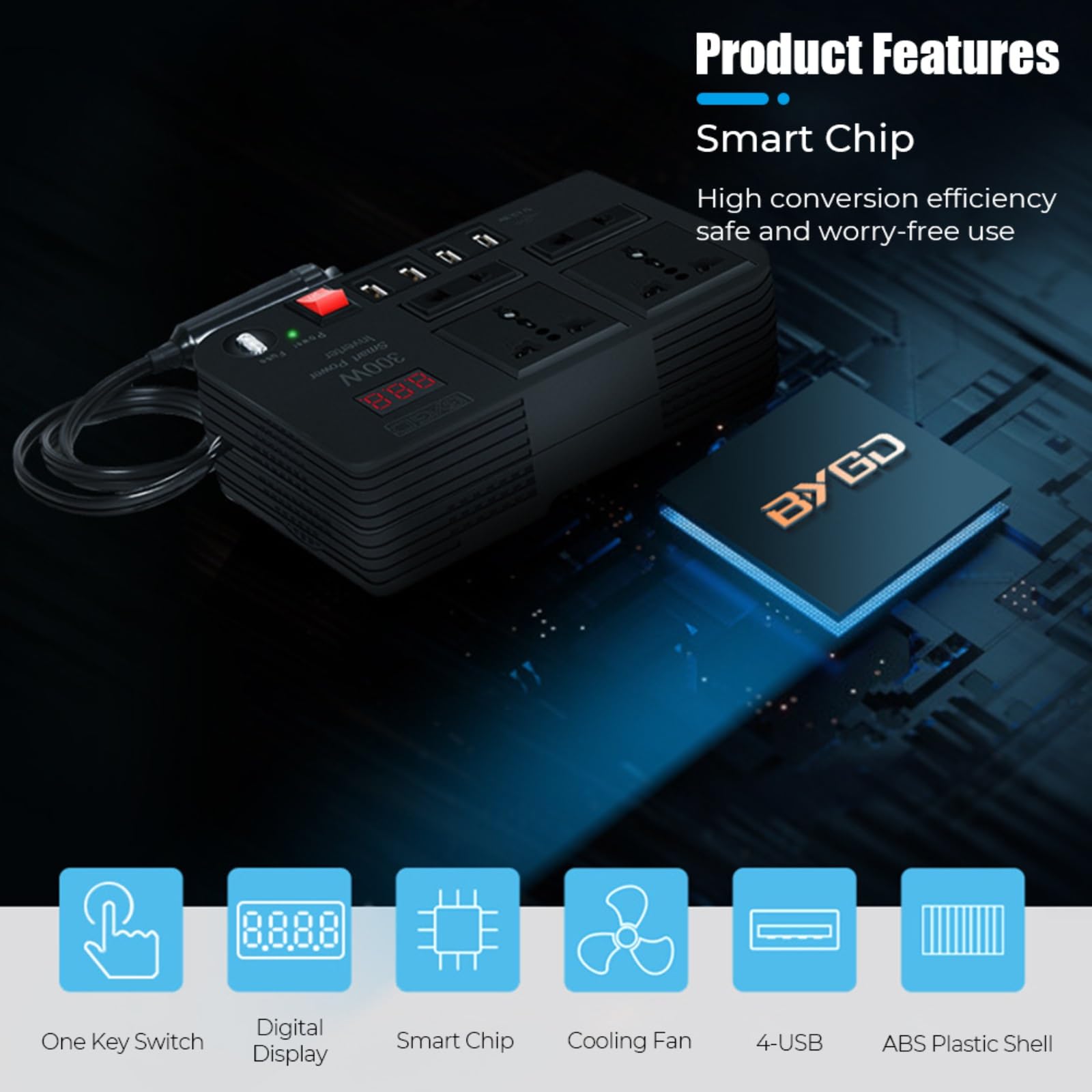 Inversor Onda Pura 12 V CC A 220 V CA 300 W Interruptor Encendido/Apagado 4 Tomas CA 4 Puertos USB Protección contra Sobrecargas Adaptador Corriente
