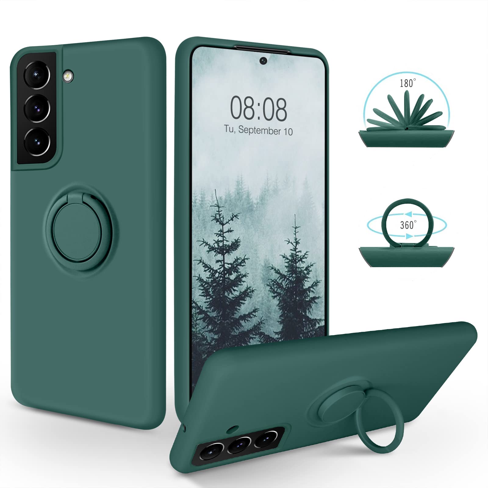 SouliGo Samsung Galaxy S22 Plus Case Silicone Gel 360° Ring Holder Kickstand Magnetic Car Mount Slim Soft Rubber Anti-Scratch Protective Phone Cover - Midnight Green