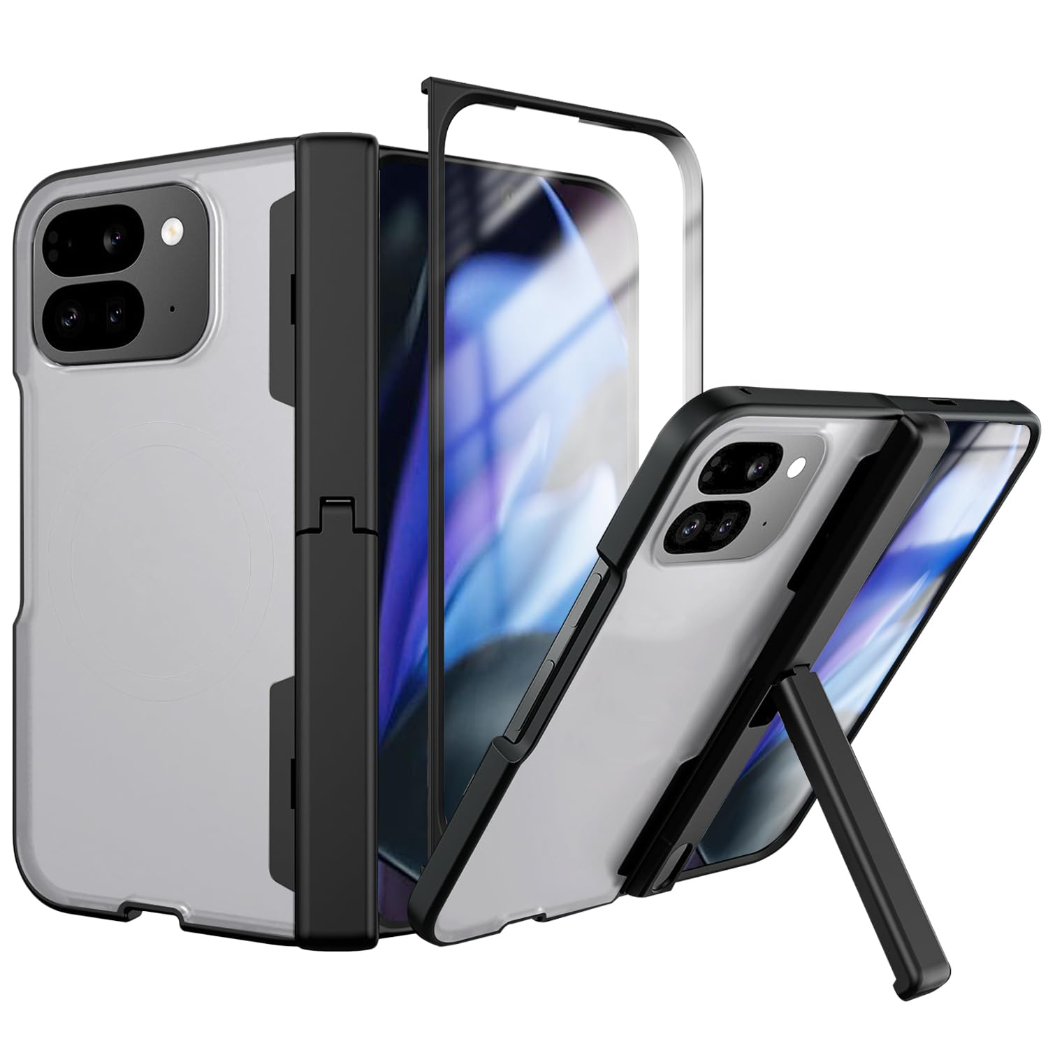 for Google Pixel 9 Pro Fold Case with Kickstand, Matte Transparent All-Inclusive Case with Hinge Protection Screen Protector Scratch-Resistant Slim Cover for Google Pixel 9 Pro Fold Black