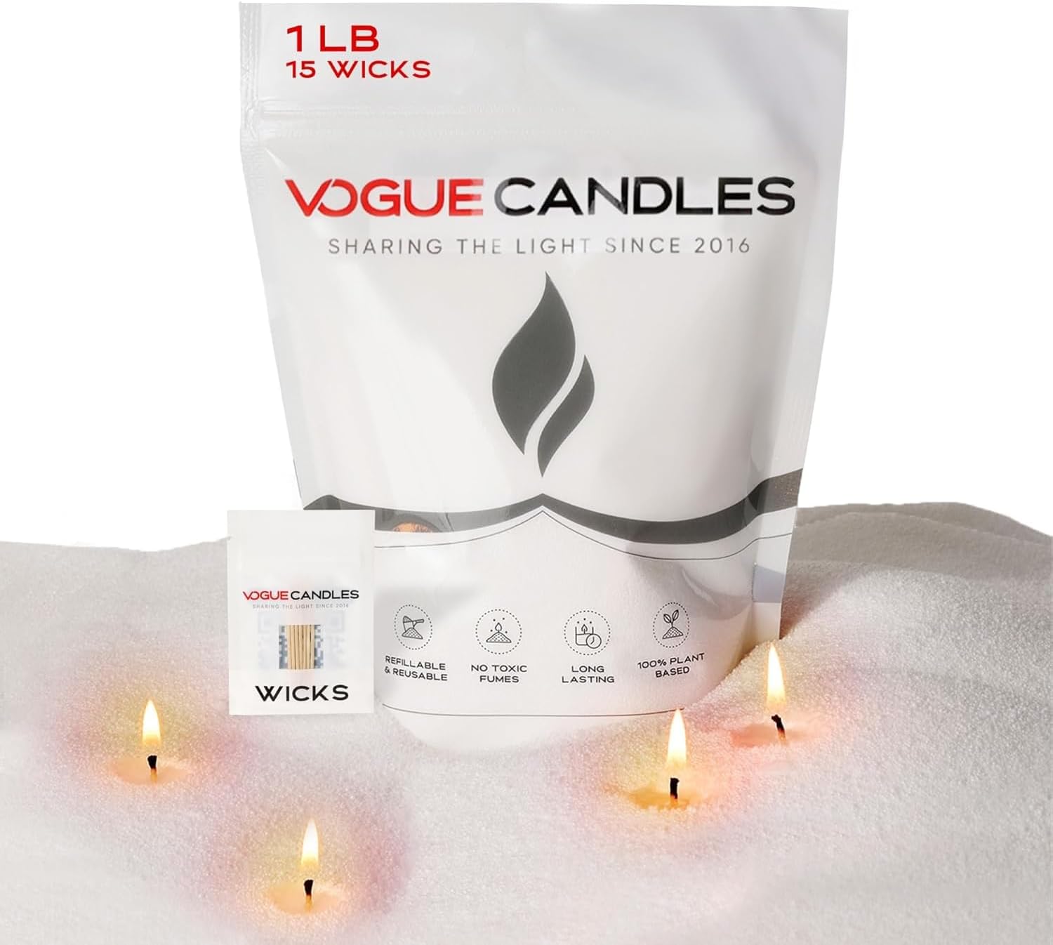 Vogue Candles White Pearled Candle Sand Wax (1LB) – Mother’s Day Candle Kit with 15 Cotton Wicks for DIY Home Lighting – Plant-Based & Reusable Wax Granules Refill for Clean Burning & Custom Vessel