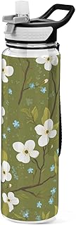 susiyo Dogwood Bloom Green Water Bottle 32oz Durable and Leakproof Water Bottles with Strap, Tritan & BPA Free, Wide Mouth with Easy Clean Brush for Gym, Travel, School, Office