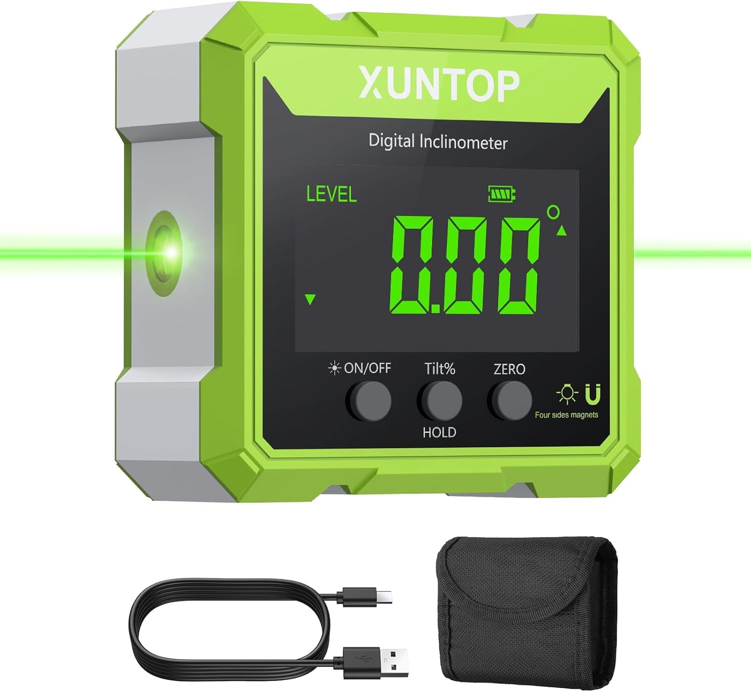 XUNTOP 4x90° Digital Angle Finder with Green Laser(Class 2, <1mW Output) 4 Sided Strong Magnetic Digital Angle Gauge Rechargeable IP54 Waterproof Level Box with VA Display for Woodworking Construction