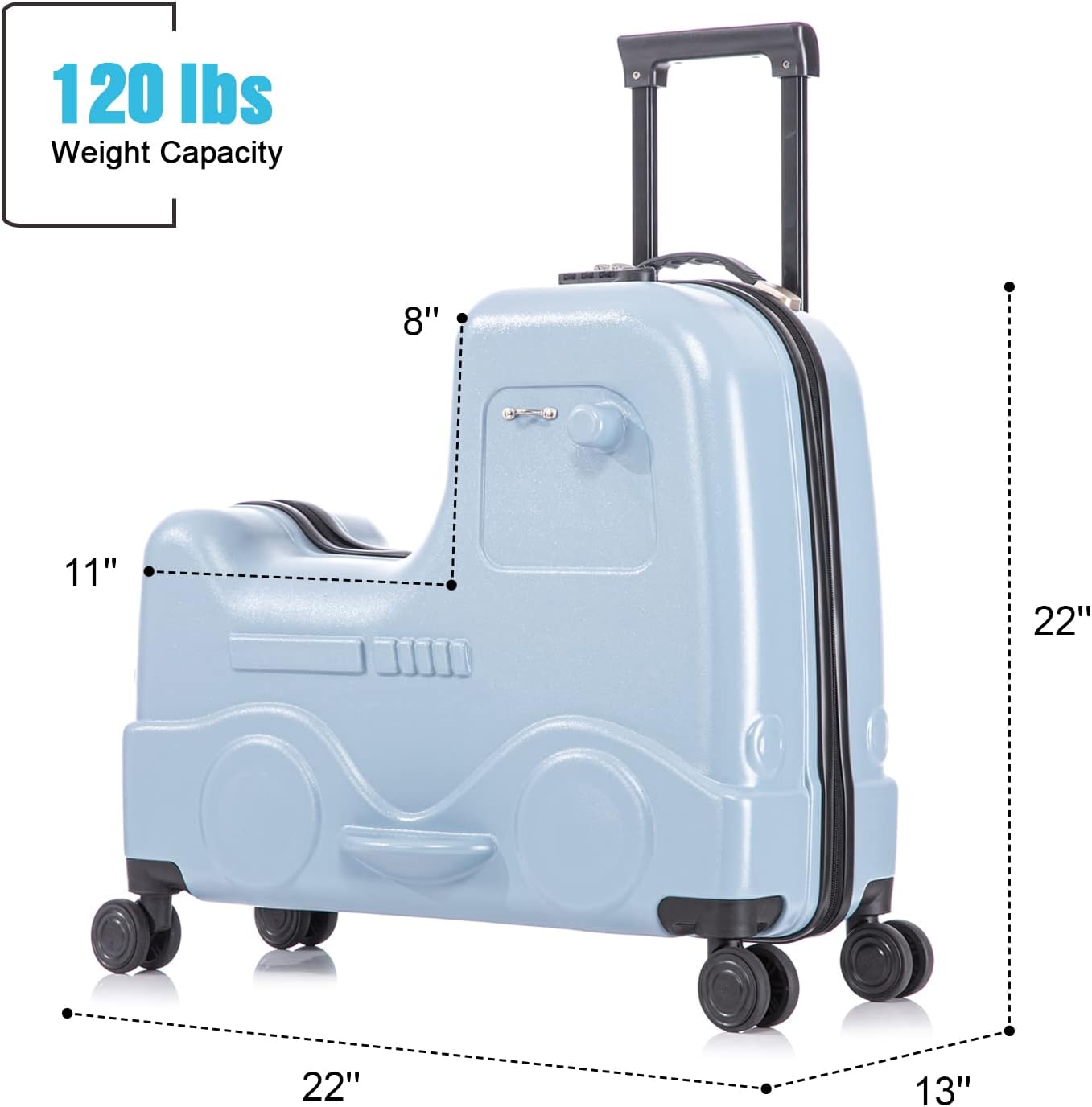 Apelila 22 inch Ride on Suitcase for Kids Travel Trolley Luggage with Spinner Wheels Travel Suitcase for Child with Combination Lock/Safety Belt/Telescoping Handle (Blue)