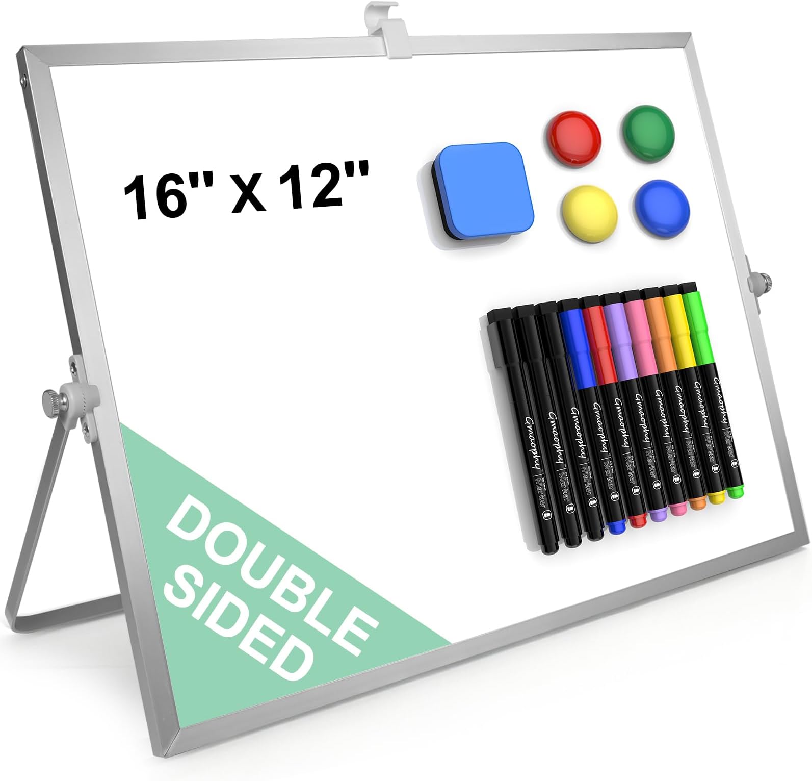 Dry Erase White Board with Stand, 16"x12" Double-Sided Magnetic Whiteboard