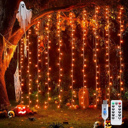 JMEXSUSS Orange Curtain Lights for Halloween USB Plug in 200 LED
