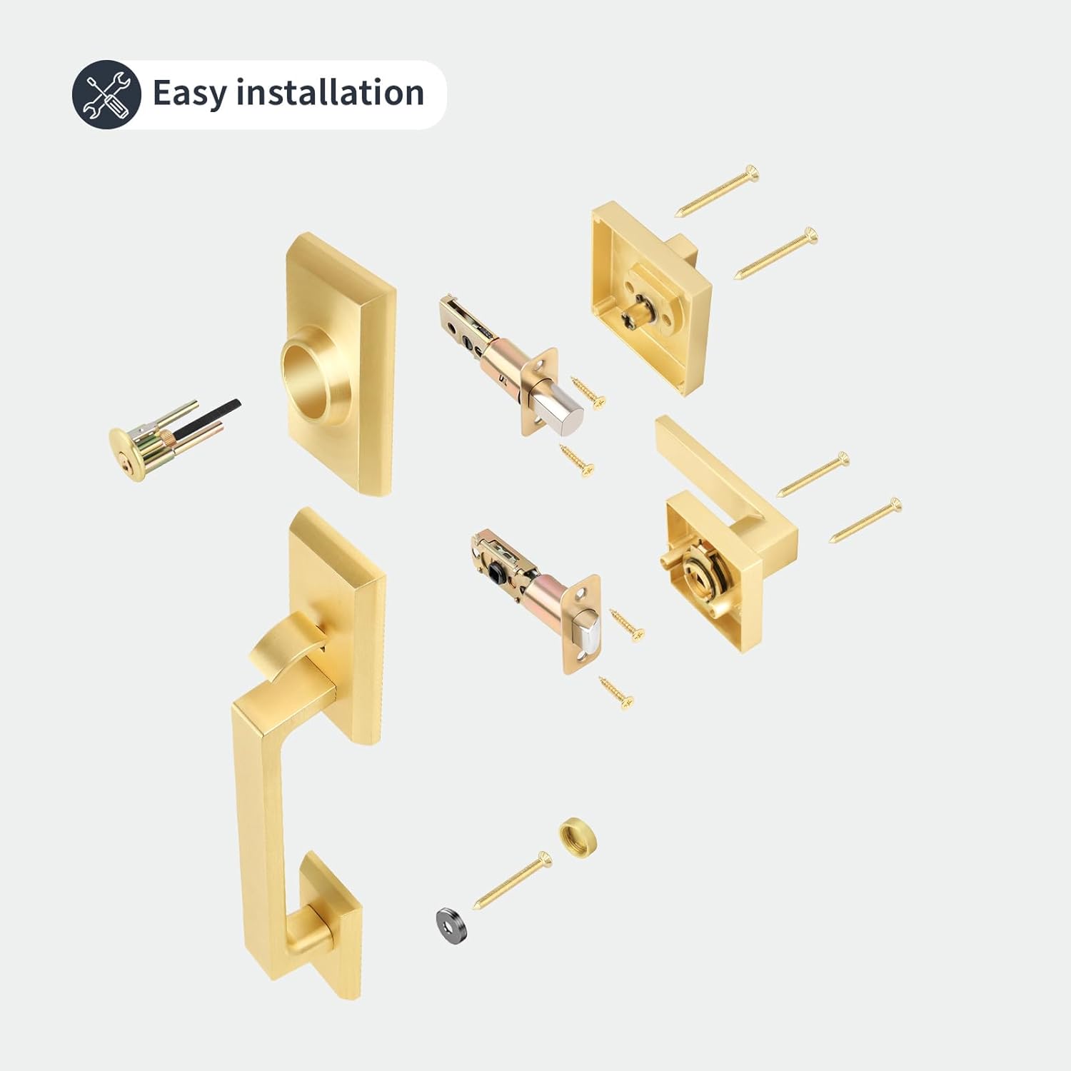 Brushed Gold Heavy Duty Front Door Handle Set, Exterior Door Lock Set with Single Cylinder Deadbolt,Reversible for Right & Left Side, Satin Brass