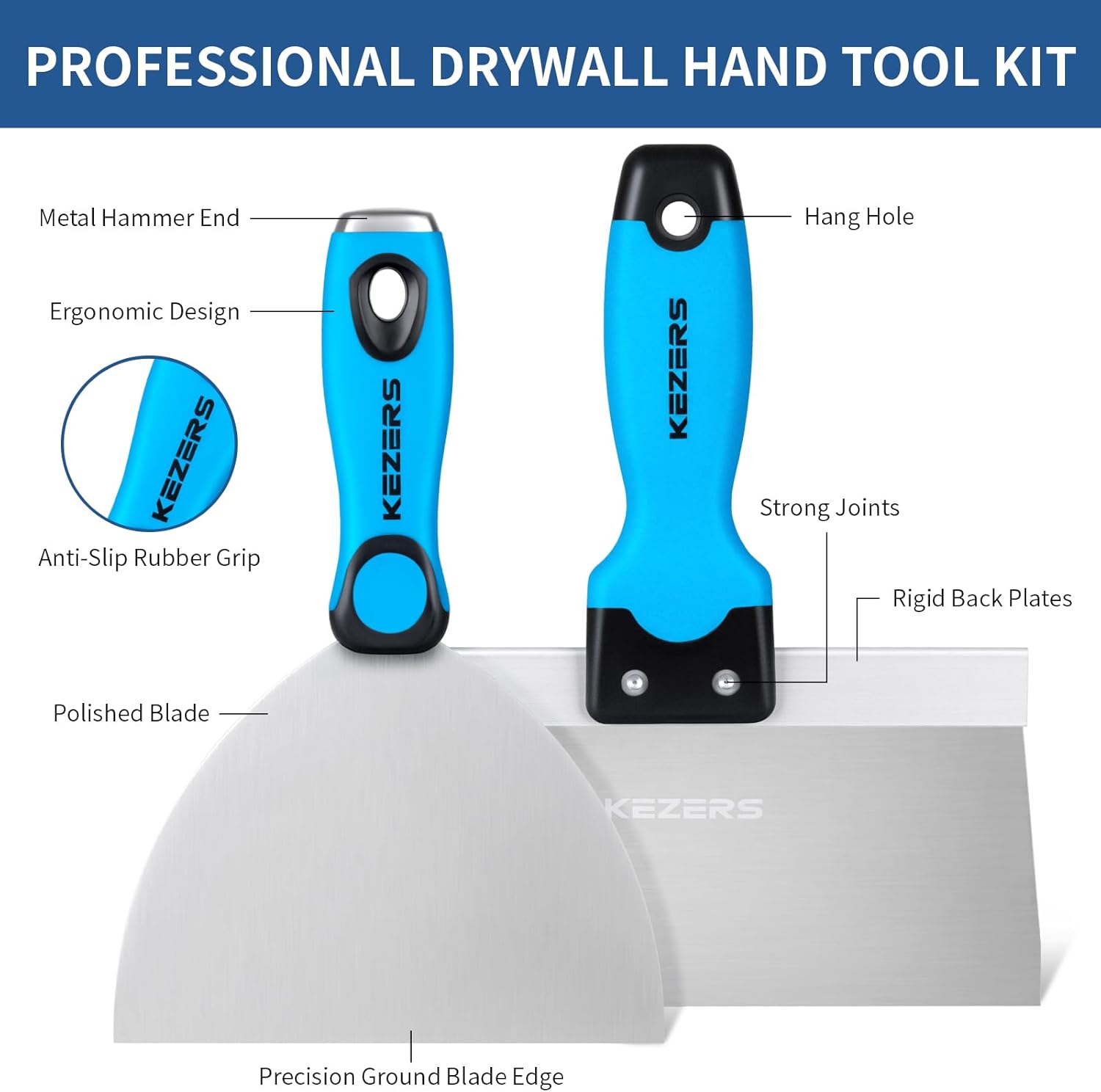 KEZERS Drywall Tool Kit 10-Piece Skimming Blade Set with Extension Handle – 5 Putty/Taping Knives (4"-12") & 5 Skimming Blades (7"-24") for Drywall, Plaster, and Compound Work