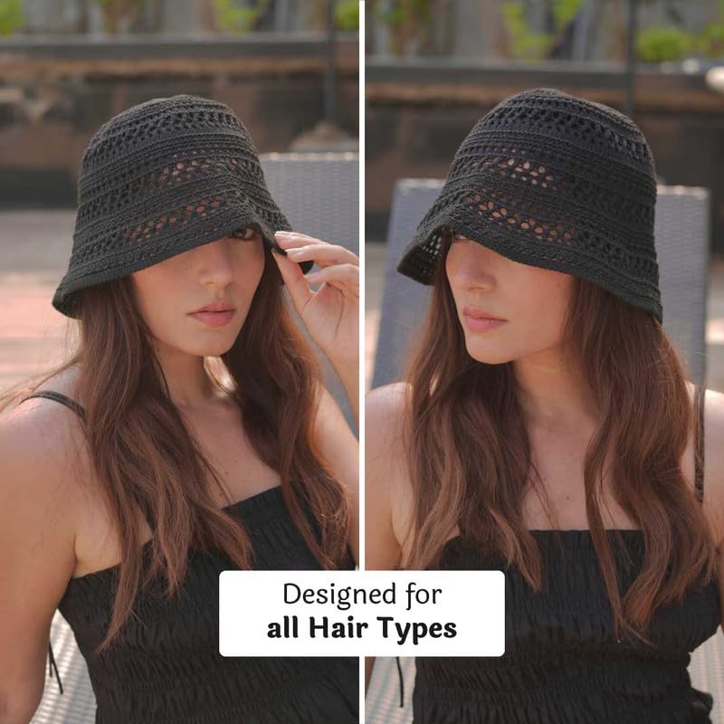 Image of Hair Drama Co. Crochet Bucket Hat for Women | Comfy & Casual Knit Handmade Foldable Floppy Hat | Summer Crochet Bucket Cap for Women & Girls
