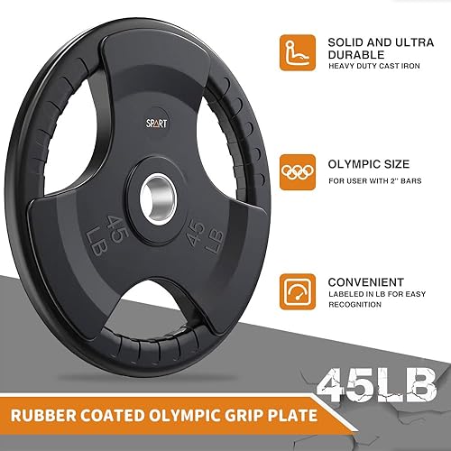 Miniatura 3 de SPART Placa de peso de 2 pulgadas con revestimiento de goma olímpico para barra, placas de peso de hierro fundido sólido en pares o individuales