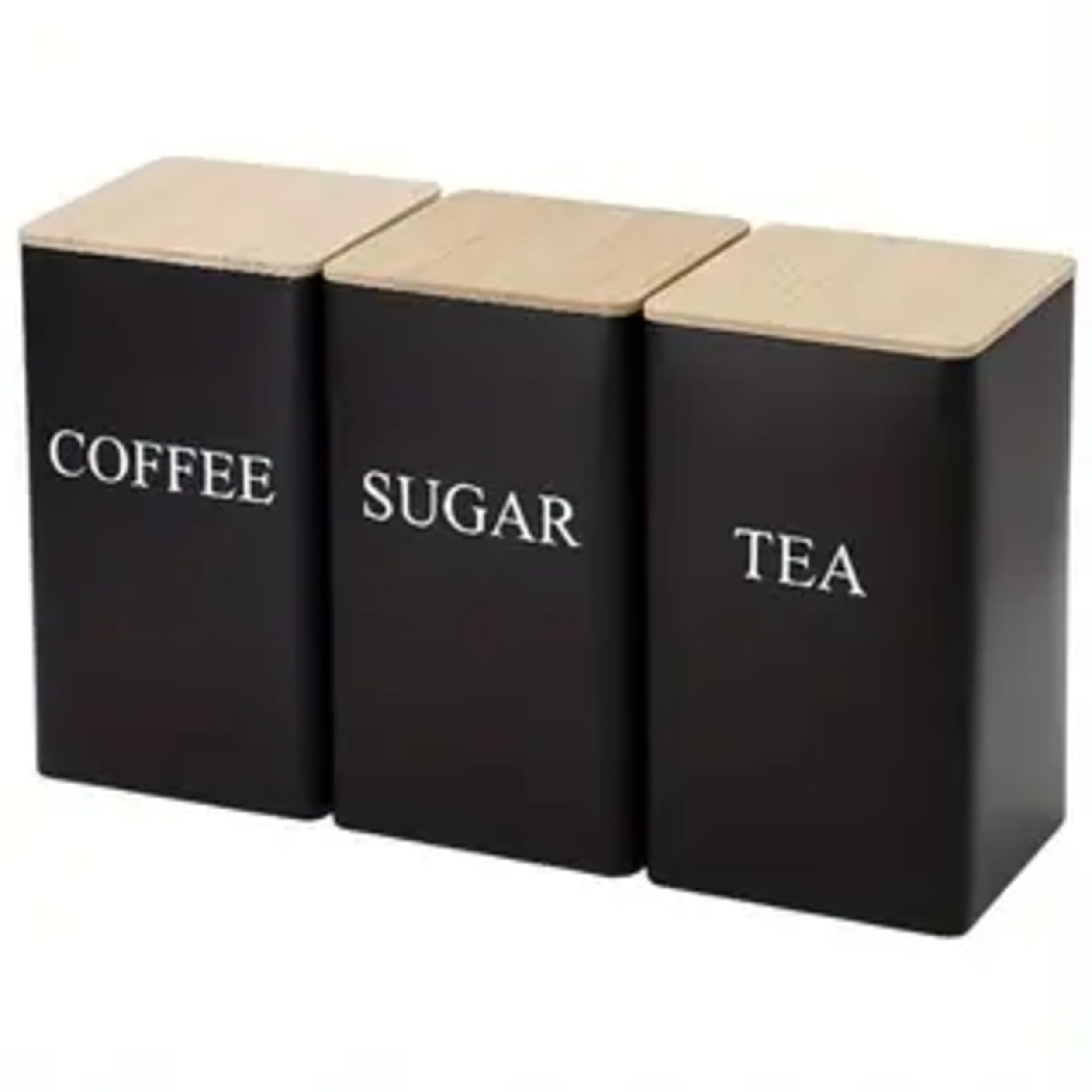 3-Piece Black Tea, Coffee & Sugar Canister Set 1000ML Metal Storage Jars with Bamboo Lids