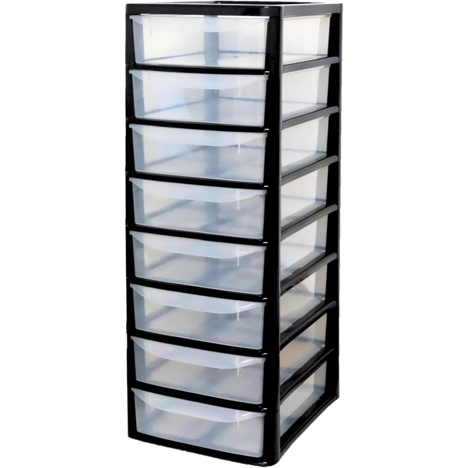 ALEEZ - A4 Plastic Slim Drawer Storage Unit - Multi Purpose Organiser Cabinet For Home Office Bedroom School Supplies Stationery Makeup Craft Storage Durable Design - (Black/Clear, A4 Slim 8 Drawers)