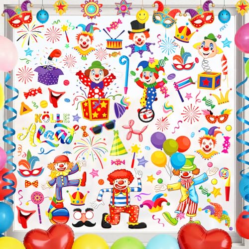 KERYBW 9 Blatt Fensterbilder Karneval, Selbstklebend Clown Fenster,...