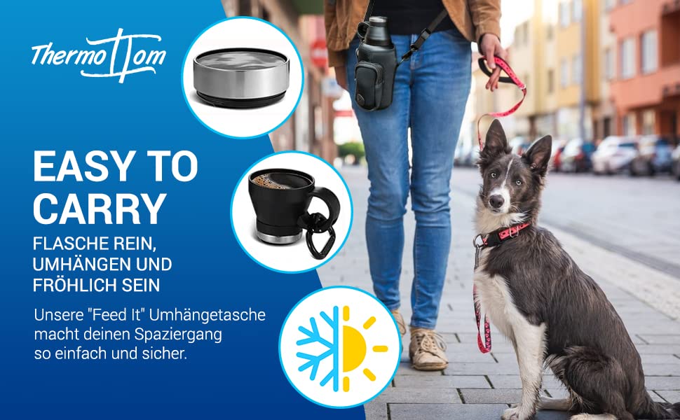 ThermoTom Pets Trinkflasche Hunde fr unterwegs  Hundetrinkflasche to go,  Fressnapf, Futternapf & Trinknapf  Reisetasche Hunde Zubehr  Gassi  Tasche Hund  1L Schwarz mit Umhngetasche: Amazon.de: Haustier