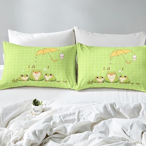 Miniatura 5 de Lindo juego de ropa de cama de rana tamaño individual, diseño de plantas de animales verdes de dibujos animados para niños, juego de funda de